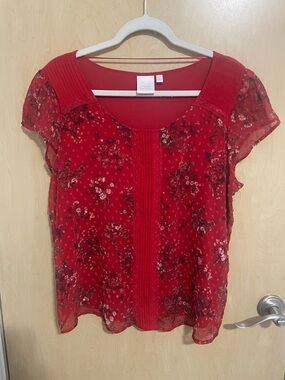 Lauren Conrad Red Floral Sheer Pintuck Blouse XL
